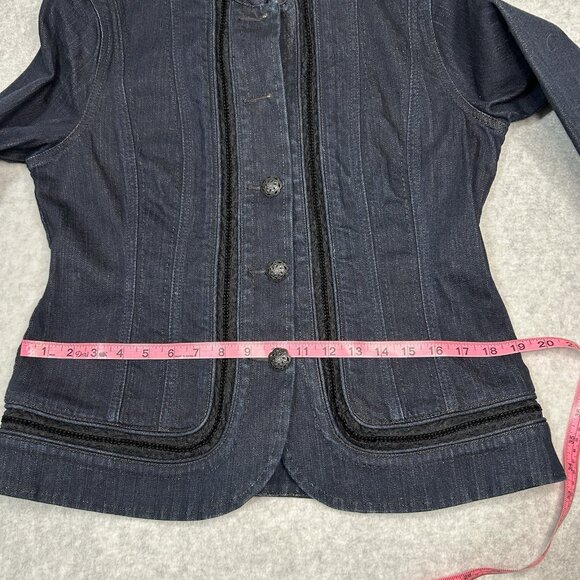 CHICO'S Jacket Sz 1 Black Velvet Lace Trim Stretch Denim Flared Waist Buttons - Picture 11 of 12